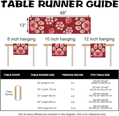 Valentines Day Dog Cat Paw Prints Table Runner, Red Love Hearts Kitchen Dining Table Decoration Pet Lover Gift, Anniversary Wedding Burlap Indoor Outdoor Home Decor Party Supply 13 x 48 Inches