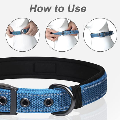 PetiFine Neoprene Padded Dog Collar, Heavy Duty Comfort Dog Collar with Durable Metal Buckle, Reflective Adjustable Belt Buckle Dog Collars for Small Medium Large Dogs(11”-14.5“, Blue)