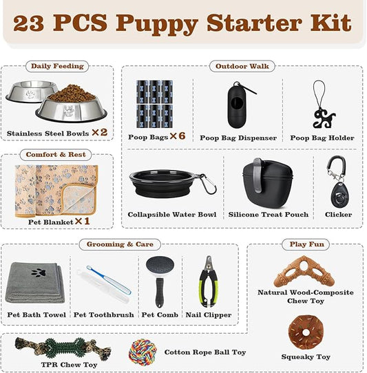Puppy Supplies Starter Kit – Puppy Essentials and Dog Stuff Set for Small Dogs, Includes Bowls, Toys, Toothbrush, Treat Pouch and More, Welcome Home Gifts for Your New Puppies - Black