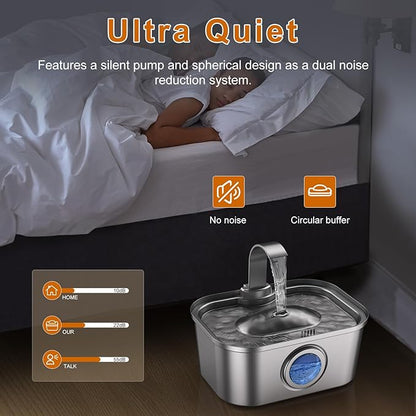 Bobo&Dragon Stainless Steel Cat Water Fountain 124oz/3.5L, Ultra Quiet Automatic Pet Water Dispenser for Multiple Cats & Dogs, 6-Layer Filtration, Smart Window, Built-in 8+8 Replacement Filters