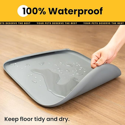 Silicone Dog Food Mat with Side Pocket & Hook Hole, Soft Raised Edges, Easy Clean Waterproof Non-Slip Pet Feeding Mat for Cats and Dogs Water Bowl, Pets Accessories(18"x12",Grey)