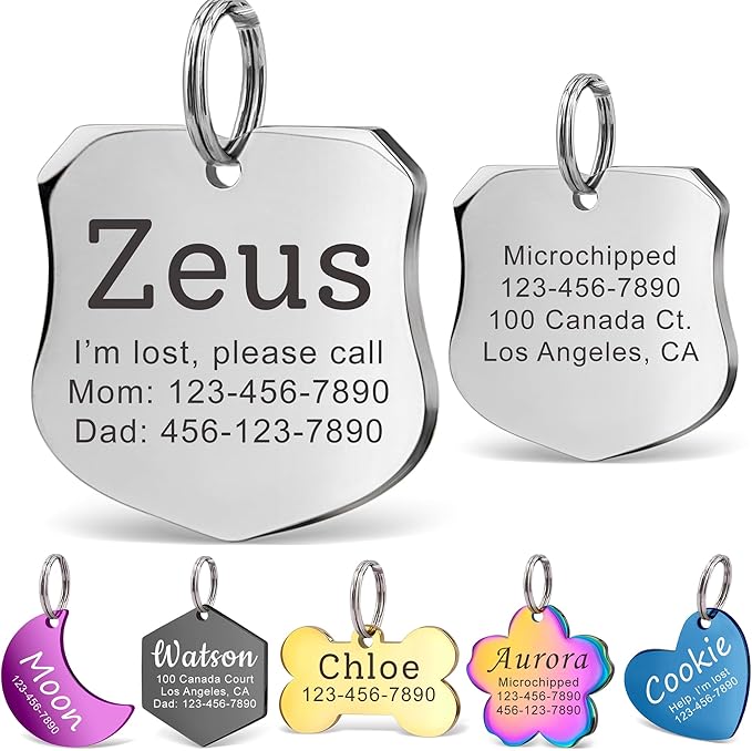 Anavia Personalized Pet ID Tags, Stainless Steel Glossy Laser Engraved Dog Cat Collar Name Tags, Multiple Colors Shapes Sizes (Badge, Small)