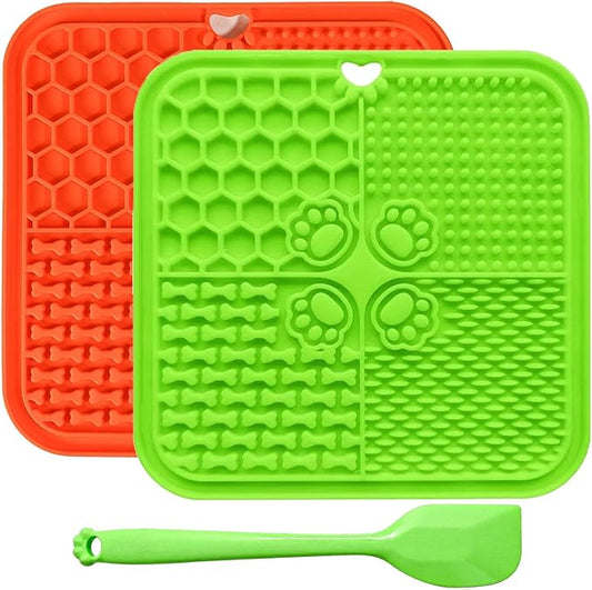 Dog Lick Mat with Suction Cups, Lick Mat for Dogs, Pet Food Mats and Slow Feeder Cat Bowl for Dog Anxiety Relief Pet Enrichment Toys for Bathing Station and Cat Grooming 2 Pack (Green & Orange)