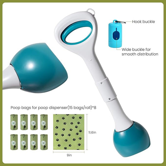 Dog Pooper Scooper Portable with Bag Attachment, One Handed Foldable Design, Includes 120 Waste Bags and Dispenser, 19 Inch Handle for Grass Yard Gravel Cleanup (Green)