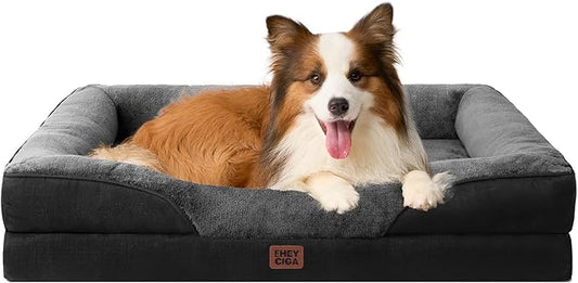 EHEYCIGA Orthopedic Dog Bed for Large Sized Dog, 41x27x7.5 Inch Large Memory Foam Dog Couch Bed with Sides, Waterproof Liner & Washable Removable Cover, Bolster Pet Sofa, Grey/Black