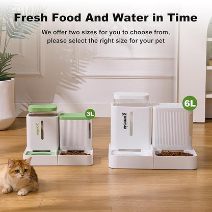 Gravity Cat Feeder and Water Dispenser, 2 in 1 Cat Self Feeder with 180 Degree Rotatable, Automatic Feeding Large Capacity for Small Medium Dog Puppy Kitten, White & Green, 0.8 Gallon x 2