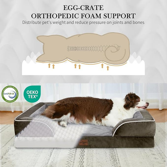 Comfort Expression Orthopedic Dog Bed for Extra Large Dogs 53x42 Inch, Waterproof Egg Crate Foam XXL Pet Bed with Removable Bolsters, Dog Couch with Washable Cover & Non-Slip Bottom, Dark Green