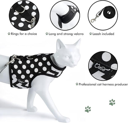 Cat Harness and Leash for Walking Escape Proof, Adjustable Cat Vest Harness, Padded Stylish Cat Walking Jackets, Polka Dot Black, Small