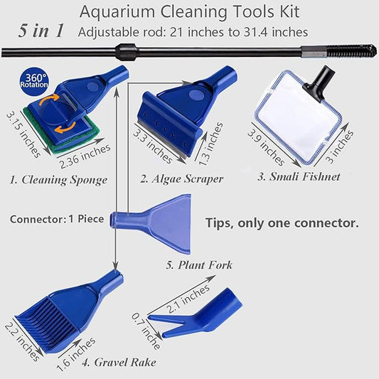 Aquarium Cleaning Tools Kit 5 In 1 Function for Long Deep Fish Tank, Adjustable Length Rod, Including Algae Scrape, Cleaning Sponge, 3.9" Small Fishnet, Gravel Rake, Plant Fork