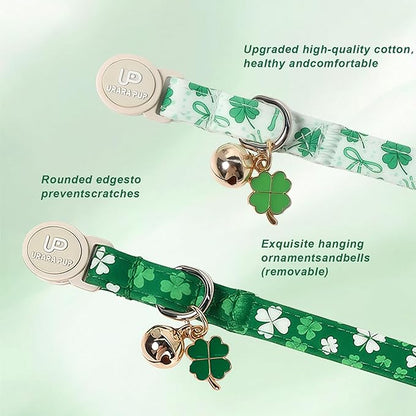 Cat Collar,2Pack St.Patrick's Day Cat Collars Cute Breakaway Kitty Collars,Spring Green Shamrock Cat Collar with Bell, Lucky Clover Kitten Collars with Safety Buckle for Girl & Boy Cats