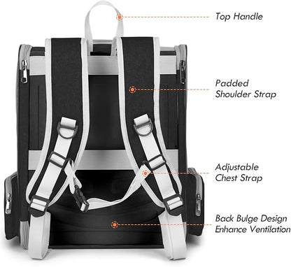Cat Backpack Carrier, Pet Carrier Backpack with Kitten Wand Feather Toy for Medium Small Dog Cat Puppy Kitty Bunny up to 15lbs, Large Ventilated Mesh Cat Bookbag for Travel Walking Outdoor Use (Black)