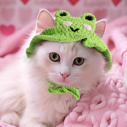 Charming Cat Hat Small Cartoon Themed Knit Cute Cats Bonnet Soft Festive Cats Costumes Halloween Christmas Holiday Party Clothes Head Wear Accessories for Puppy Cat Kitten Dogs Pets Animals (Green)