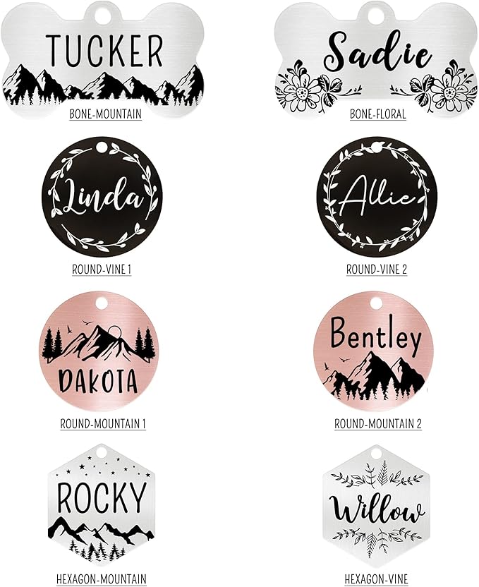 Ultra Joys Stainless Steel Pet ID Customized Personalized, Front and Back Engraving, Hexagon Mountain Design, Rose Small