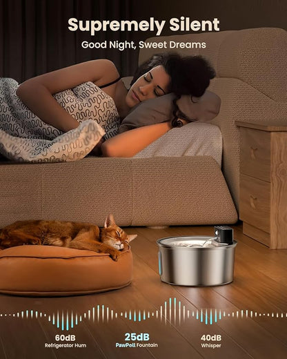 Wireless Cat Water Fountain Stainless Steel - 3.2L/108oz Cordless Pet Water Fountain Battery Operated Cats Water Dispenser Silent Rechargeable Automatic Fountain with 6 Filters 3 Sponges