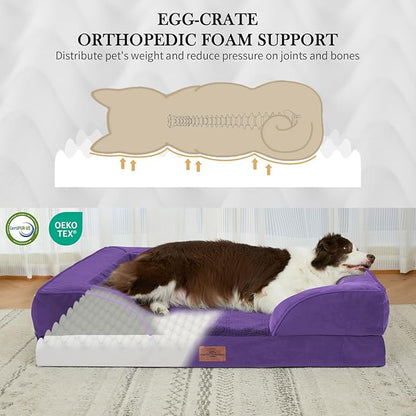 Comfort Expression Orthopedic Dog Bed for Extra Large Dogs 45x35 Inch, Waterproof Egg Crate Foam XL Pet Bed with Removable Bolsters, Dog Couch with Washable Cover & Non-Slip Bottom, Deep Purple