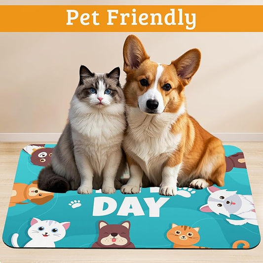 Pet Dog Cat Food Mat,Animal Paws Absorbent Waterproof Placemat for Food and Water Non Slip Rubber Backing Durable Feeding Pad for Clean Floors 12" x 20"