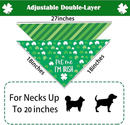 St Patrick's Day Dog Bandanas - Lucky Shamrock Puppy Scarf - 2 Pcs Adjustable Triangle Double-Layer Reversible Pet Bandanas for Small Medium Large Dogs