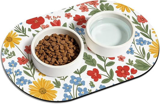 Pet Feeding Mat – 20''x12'' Absorbent Dog Food Mat, Pet Water Mats Protect Floor, No Stains Quick Dry Water Bowl Mats, Non-Slip Rubber Base Pets Placemats for Food and Water, White Floral