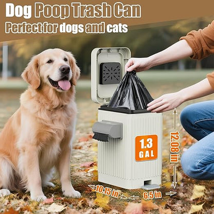 Dog Poop Trash Can for Outside & Indoor, 5L/1.3Gal Small Odor Control Pet Waste Bin with Carbon Filter, 2-Way Open (Step & Press Top), Dog Waste Container with Trash Bag Holder, White