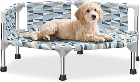 Elevated Dog Bed with Guardrail, Cooling Outdoor Pet Cot with 3-Sided Fence，Raised Dog Cot with 6-Metal Frame (Small)