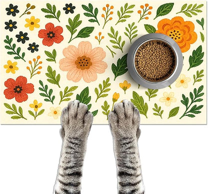 Trendy Flower Pattern Pet Feeding Mat Spill-Proof Feood Pad for Food and Water Bowls Non-Slip Placemat for Pet Areas Easy Clean Fast Dry Mat for Cats Kittens & Small Dogs 20" x 12"