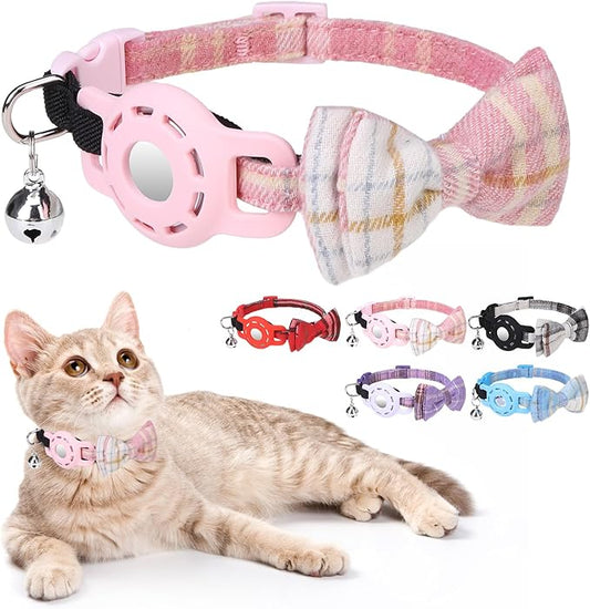 Airtag Cat Collar with Bells and Bowtie -Safety Elastic Band Kitten Collar for Apple Air Tag Holder- Cute GPS Cat Tracker Collars for Girl Boy Cats and Puppies, Adjustable 8"-12" Pink