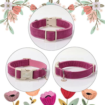 Cute Corduroy Dog Collar - Fuchsia Adjustable Dog Collars for Large Dogs 50-80lbs, Fade-Proof with Secure Snap & Little Charm, Christmas Birthday Gift, L