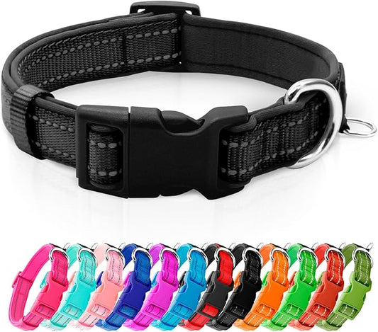 azuza Reflective Dog Collar,Soft Neoprene Padded Pet Collar with ID Tag Ring,Adjustable for Puppy and Small Dogs,Black,XS
