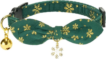 2 Pack Christmas Cat Collar with Bell and Removeable Bunny Bowtie,with Bling Snowflake Charm and Printing Pattern, Safety Breakaway Clasp, Adjustable for Kitten and Cats Green and Red.