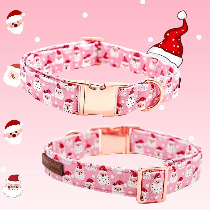 Dog Collar, Christmas Pink Santa Claus Cotton Pet Collar Bow Holiday Girl Boy Cute Puppy Collar Adjustable Pet Collar for Large Dogs