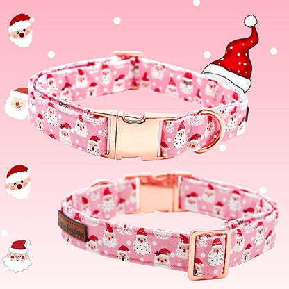 Dog Collar, Christmas Pink Santa Claus Cotton Pet Collar Bow Holiday Girl Boy Cute Puppy Collar Adjustable Pet Collar for Medium Dogs