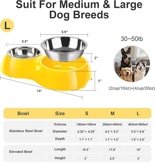Elevated Dog Bowls Set - Non-Slip Raised Pet Feeder with Medium (2 Cups) & Large (4 Cups) Stainless Steel Bowls - Includes Durable Resin Stand for Corgi Puppies and Adult Cats - Yellow