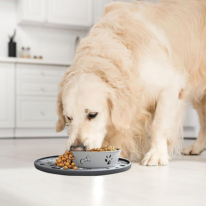 Silicone Dog Food Mat,Silicone Pet Food Mat Cat,Rubber for Dog Bowls Mats for Food and Water Bowl Feeding Round Paw Print（1 Pcs，Gray）