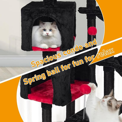 KIYUMI Cat Tree Cat Tower Condo with Sisal Scratching Post for Indoor Cats Cat Tree Cat Furniture with Hammock Perch and Kitten Ball Toys, Multi-Level Pet Activity Center,RedBlack