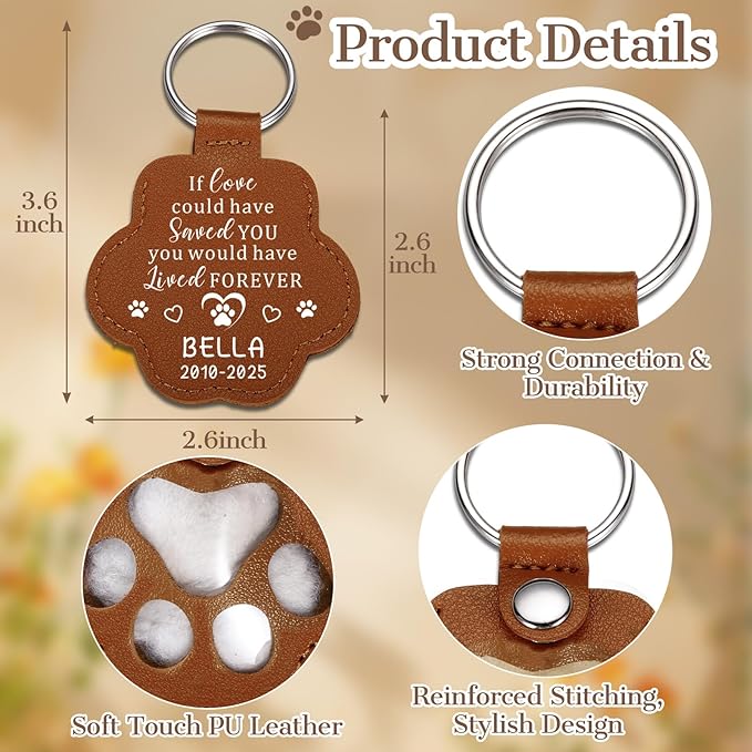 Eunigem Personalized Pet Hair Keychain for Dogs Cats-Custom Paw Keychains for Dog Hair-Shaped Leather Keychain,Pet Memorial Gifts Remembrance Accessory Refillable Keepsake for Bag or Key (Color-1)