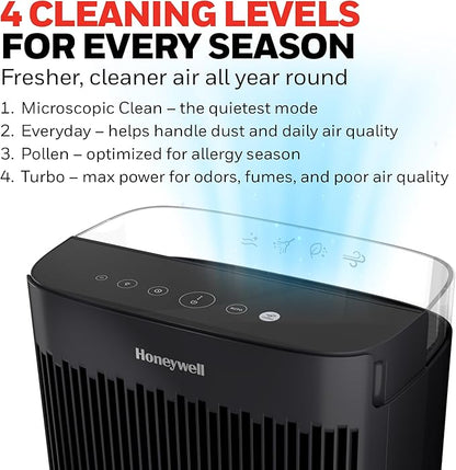 Honeywell HEPA Air Purifier for Home, 938 Ft² Rooms in 1 Hour, Turbo Clean, Reduces Allergens, Dust, Pollen, Pet Dander, All Smoke Types, Odors, Black, HPA5100B