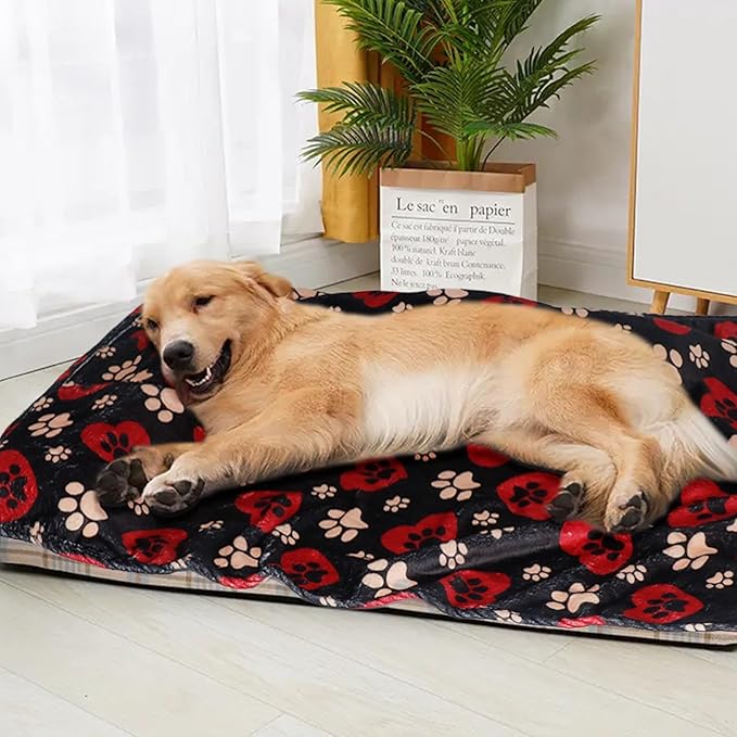 Dog Blankets for Large Dogs, 50"x40" Blanket Washable, Fuzzy Soft Pet Mat Throw Cover for Kennel Crate Bed, Cute Paw Pattern, Cat Blanket, Gifts Medium Small Pet Essentials, Black Red