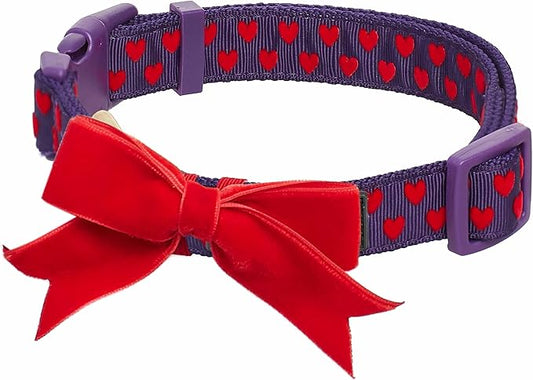 Blueberry Pet Adjustable Flocking Dog Collar with Detachable Velvety Bowtie - Heart in Gothic Grape, Small, Neck 12"-16"