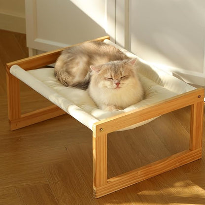 FUKUMARU Cat Bed Hammock, Cozy Velvet Cat Couch for Indoor Cats, Raised Wooden Cats Perch, 21 Inch Pet Sofa, Outdoor Dog Beds, Suitable for Puppy, Bunny and Small Animal, White