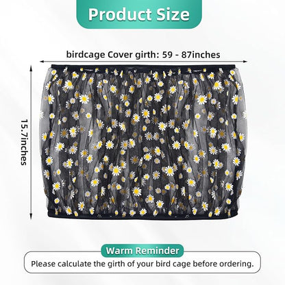 Bird Cage Seed Catcher, Seed Catcher Guard Net Cover, Parrot Nylon Mesh Net Cover, Universal Soft Airy Cage Net Stretchy Skirt for Round Square Cages (Daisy-Black, 15.7" x87")