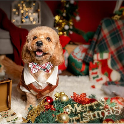 Dog Collar, Christmas Dog Collar Plaid Pet Collar Bow Holiday Bows Girl Boy Puppy Collar Adjustable Pet Collar for Small Dogs