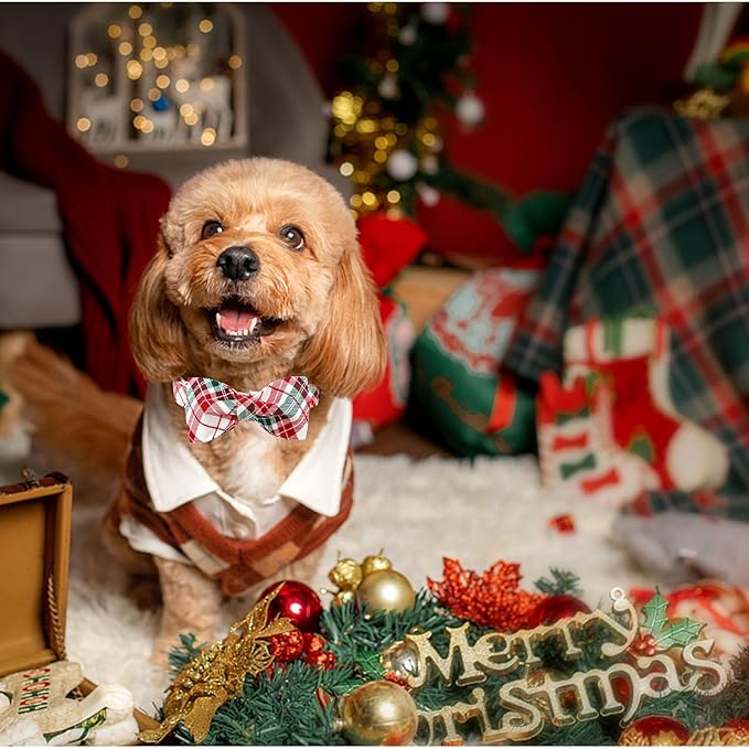 Dog Collar, Christmas Dog Collar Plaid Pet Collar Bow Holiday Bows Girl Boy Puppy Collar Adjustable Pet Collar for Large Dogs