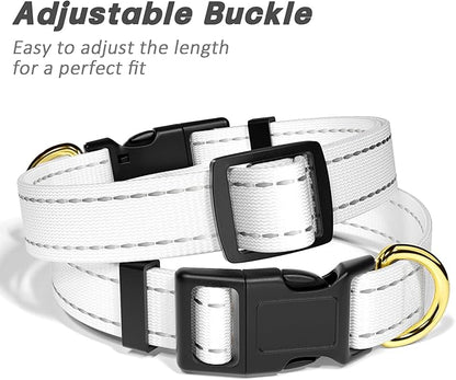 Reflective Dog Collar for Medium Dogs, Cute Adjustable Heavy-Duty Nylon Puppy Collars for Boy and Girl Female, Soft Pet Accessories with Quick Release Buckle, Neck 14-20", White