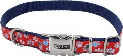 Coastal Pet - Ribbon - Adjustable Dog Collar with Metal Buckle, Red with Paws, 5/8" x 08"-12"