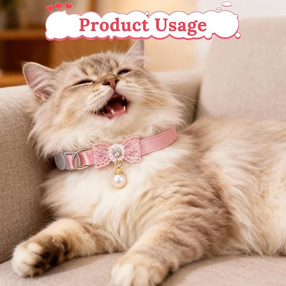 Jeffdad 4 PCS Cute Pearl Cat Collar with Bow, for Girl Cats Pink Cat Bows & Accessories Breakaway Safety Cat Bowtie Collar