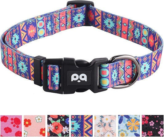 QQPETS Adjustable Soft Dog Collar: Print Flower Pink Multicolor Cute Patterns for XS Small Medium Large Pet Girl Boy Puppy Walking Running Training