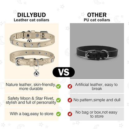 Leather Cat Collars for Boy Girl Cats with Bell and Safety Elastic Belt, Personalized Star and Moon Stud Adjustable Safe Buckle Collar for Kitty Small Big Cats Size 7-9 Inch, Gold