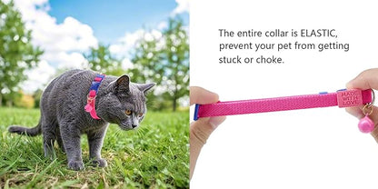 Elastic Cat Collar 2 Pack of Safety Quick Release Cat Collars with Bell Anti-Suffocation Kitten Puppy Collars(Yellow+Hot Pink)