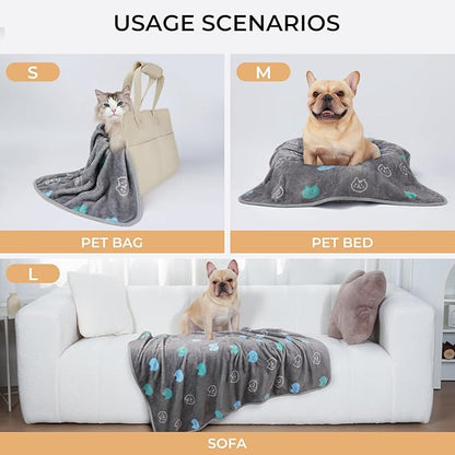 1 Pack 3 Blankets Super Soft Fluffy Premium Cute Cat Pattern Pet Blanket Flannel Throw for Dog Puppy Kitten Blue/Cyan/Grey Medium(30x20 inch)