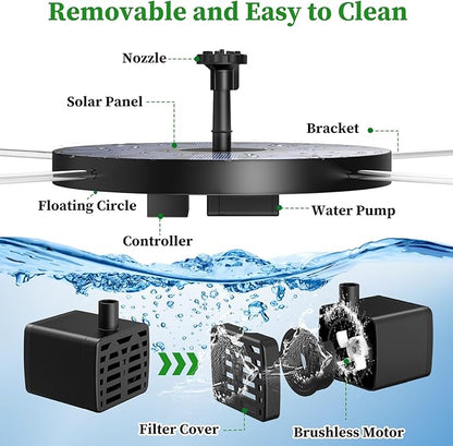 AISITIN 2.5W Solar Bird Bath Fountain Pump, Solar Fountain for Bird Bath with 6 Nozzles, 6.7" Solar Powered Water Pump for Garden, Ponds, Pool, Fish Tank, Aquarium and Outdoor